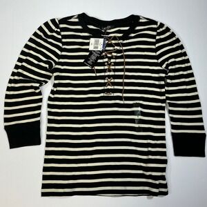 NWT Lauren‎ Ralph Lauren Striped Lace-Up Waffle Knit Top Long Sleeve Black S